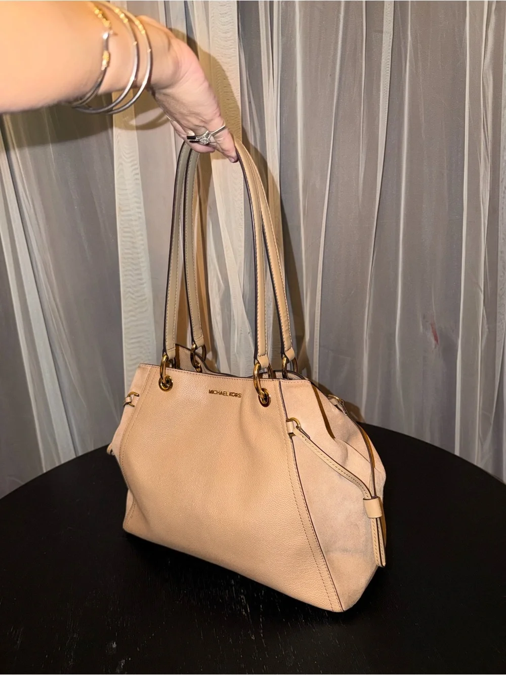 Michael Kors Large Taupe Pebbled Leather & Suede Shoulder Tote Bag